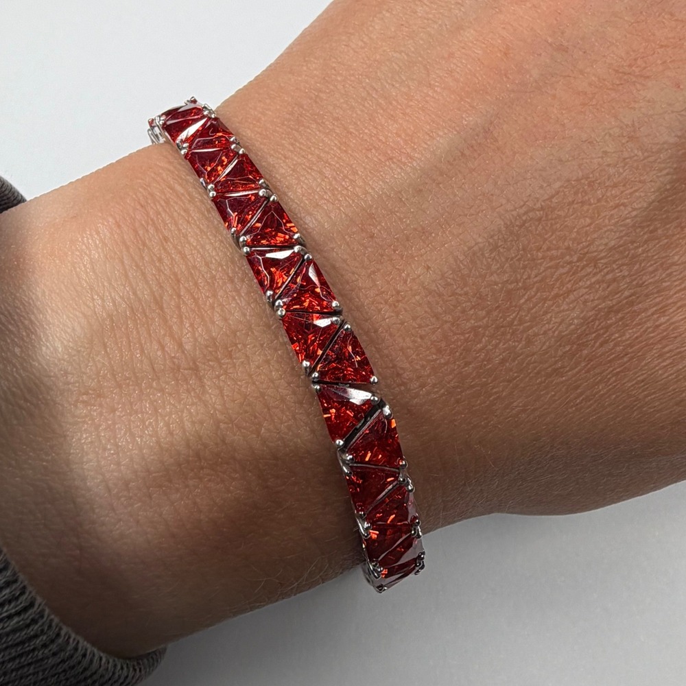 Vintage Tennis Bracelet Red Orange Trillion Cut Sterling Silver Women's 7.5